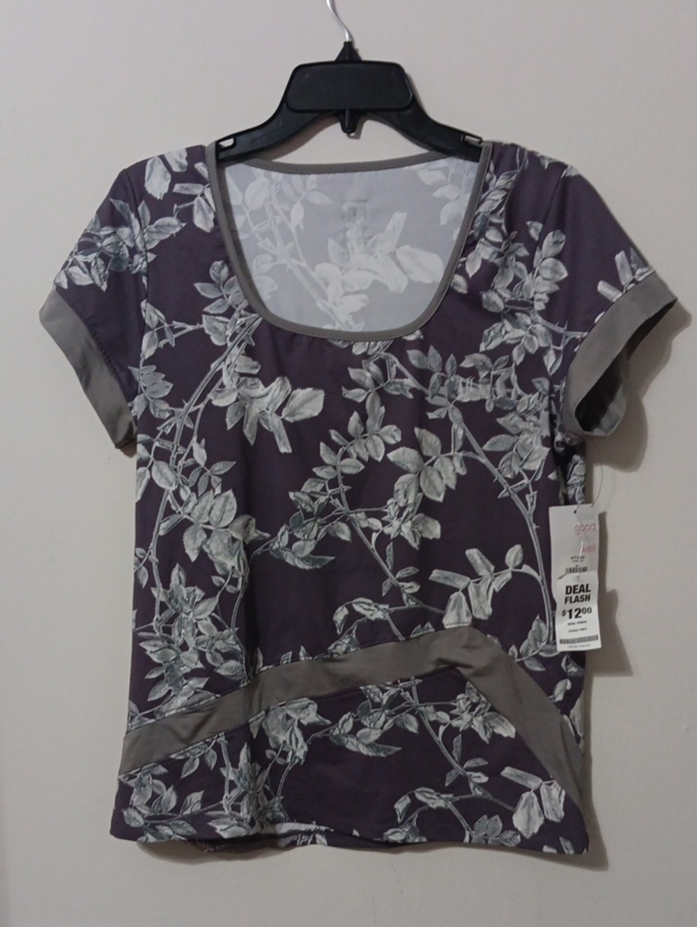 EleVen by Venus Williams Purple Floral Scoop Neck Tee with Gray Trim